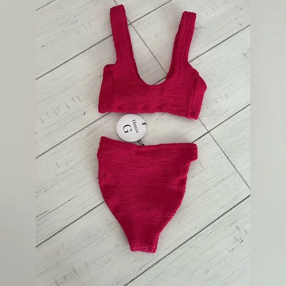 Hunza G Juno Two Piece Crinkle Bikini Swim Set Raspberry Pink NWT OS - Picture 12 of 16
